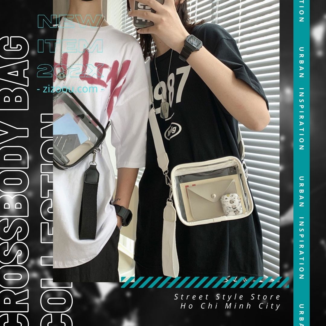 Thiết kế túi trong suốt thời trang với quai đeo điều chỉnh, phong cách trẻ trung, giúp bạn dễ dàng mang theo đồ dùng cá nhân