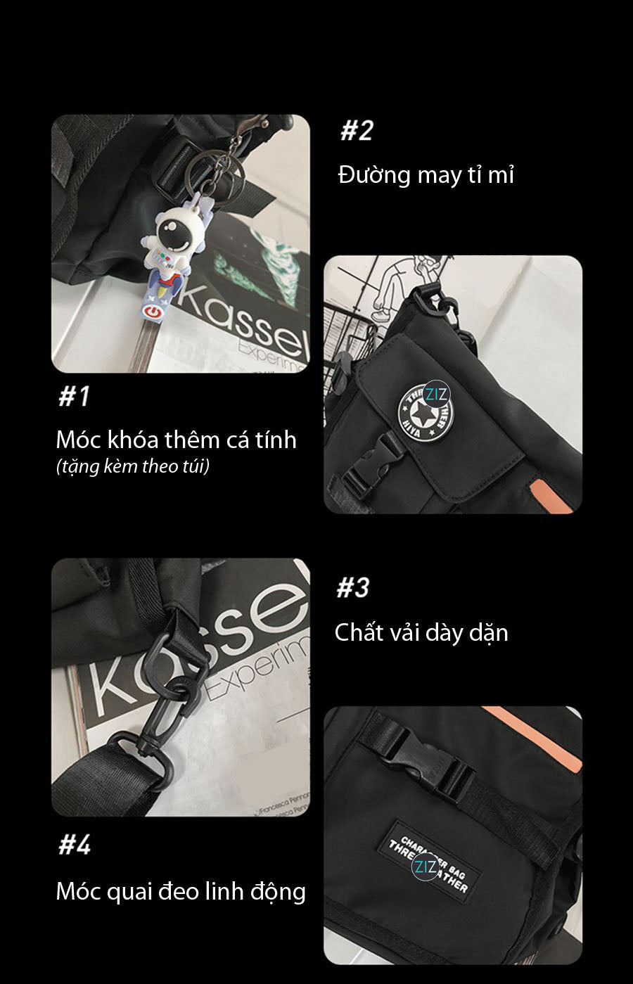 Túi đeo chéo thời trang, chất liệu nylon chống thấm, dây đeo điều chỉnh, có móc khóa treo, thích hợp mang đi chơi, du lịch