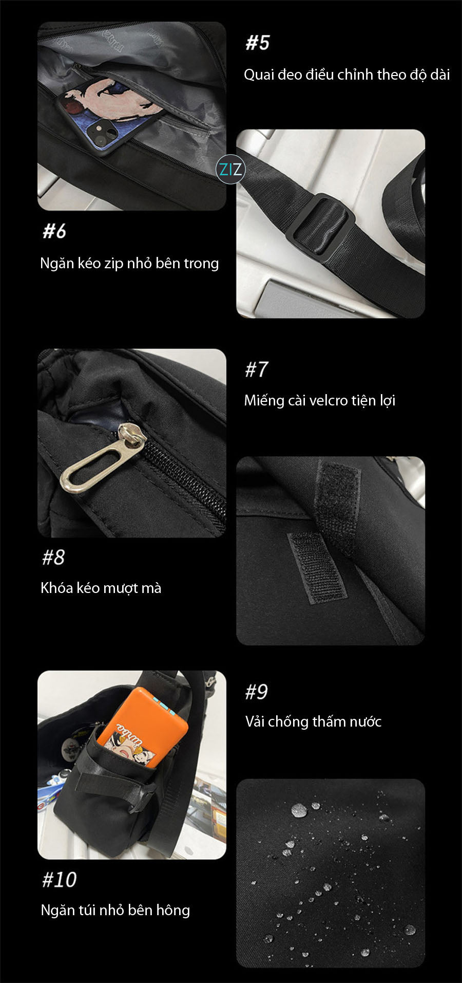 Túi đeo chéo tiện lợi với dây đeo điều chỉnh, phù hợp cho mọi dáng người, thiết kế nhiều ngăn để sắp xếp đồ dùng cá nhân