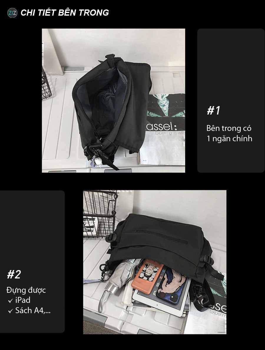 Túi đeo chéo chống nước, ngăn chính rộng rãi, nhiều ngăn phụ tiện lợi, phù hợp đi làm, đi học hay đi chơi với phong cách trẻ