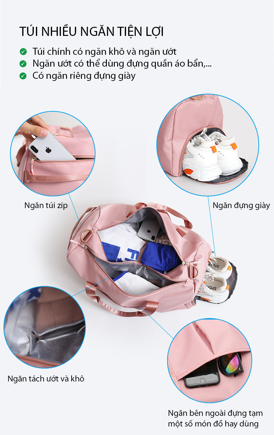 Túi trống thời trang màu hồng dễ thương, ngăn chính rộng rãi, dây đeo chắc chắn, lý tưởng cho người thường xuyên di chuyển