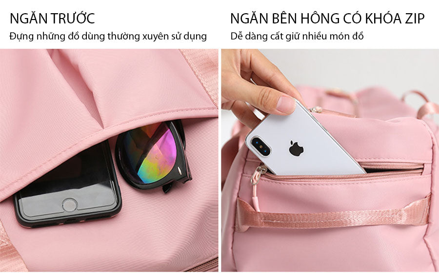 Túi duffle hồng thời trang, thiết kế trẻ trung, nhiều ngăn chứa đồ tiện lợi, chất liệu bền bỉ, phù hợp cho du lịch, dã ngoại