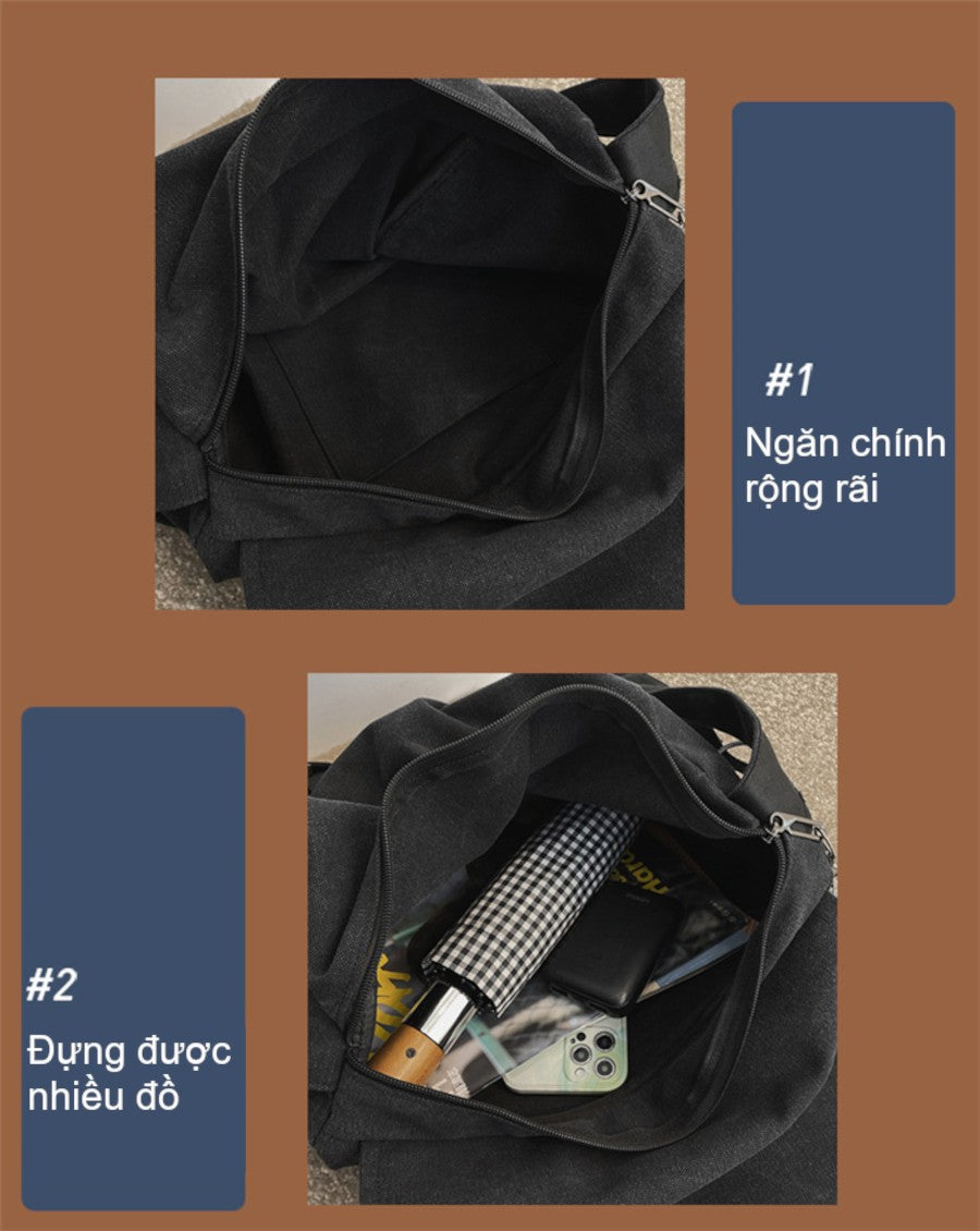 Cặp quai chéo đeo vai, vải bố canvas chắc chắn, kiểu dáng đơn giản, đựng được laptop hoặc sách A4, phù hợp đi làm, đi học