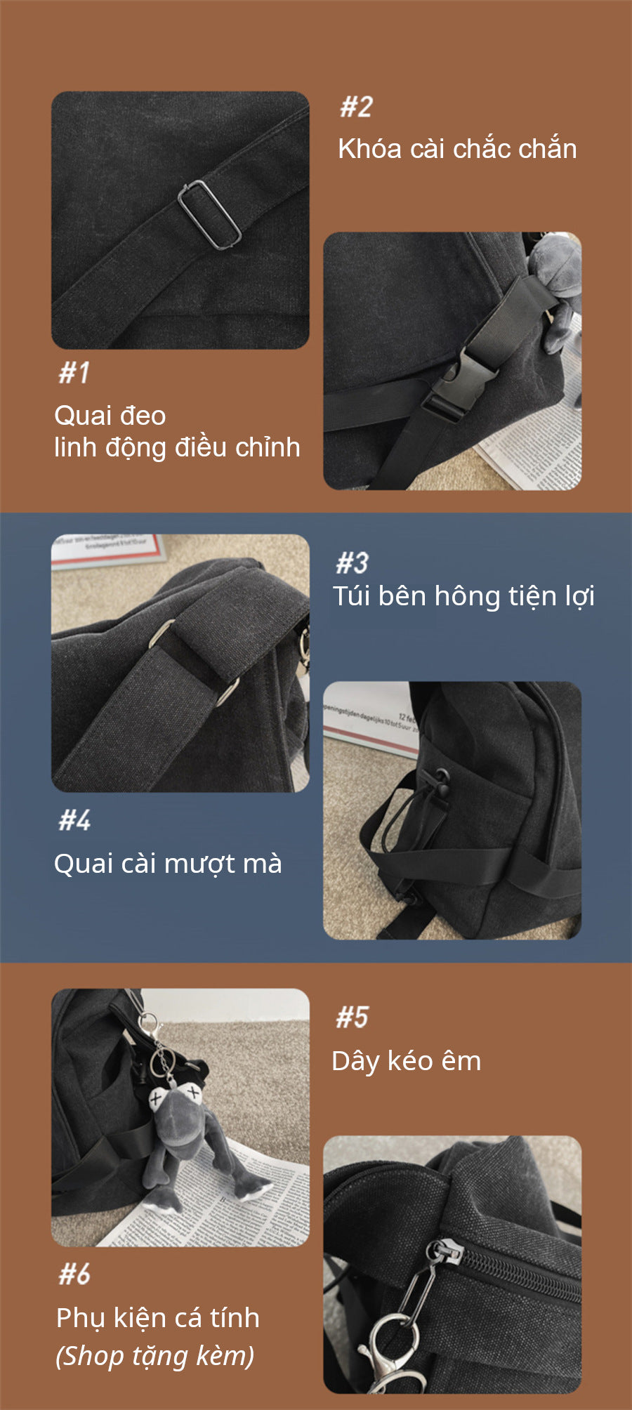 Túi có nắp gập đeo chéo thời trang, chất liệu vải bố bền bỉ, màu đen, kết hợp phụ kiện móc khóa hình thú nhồi bông tinh tế